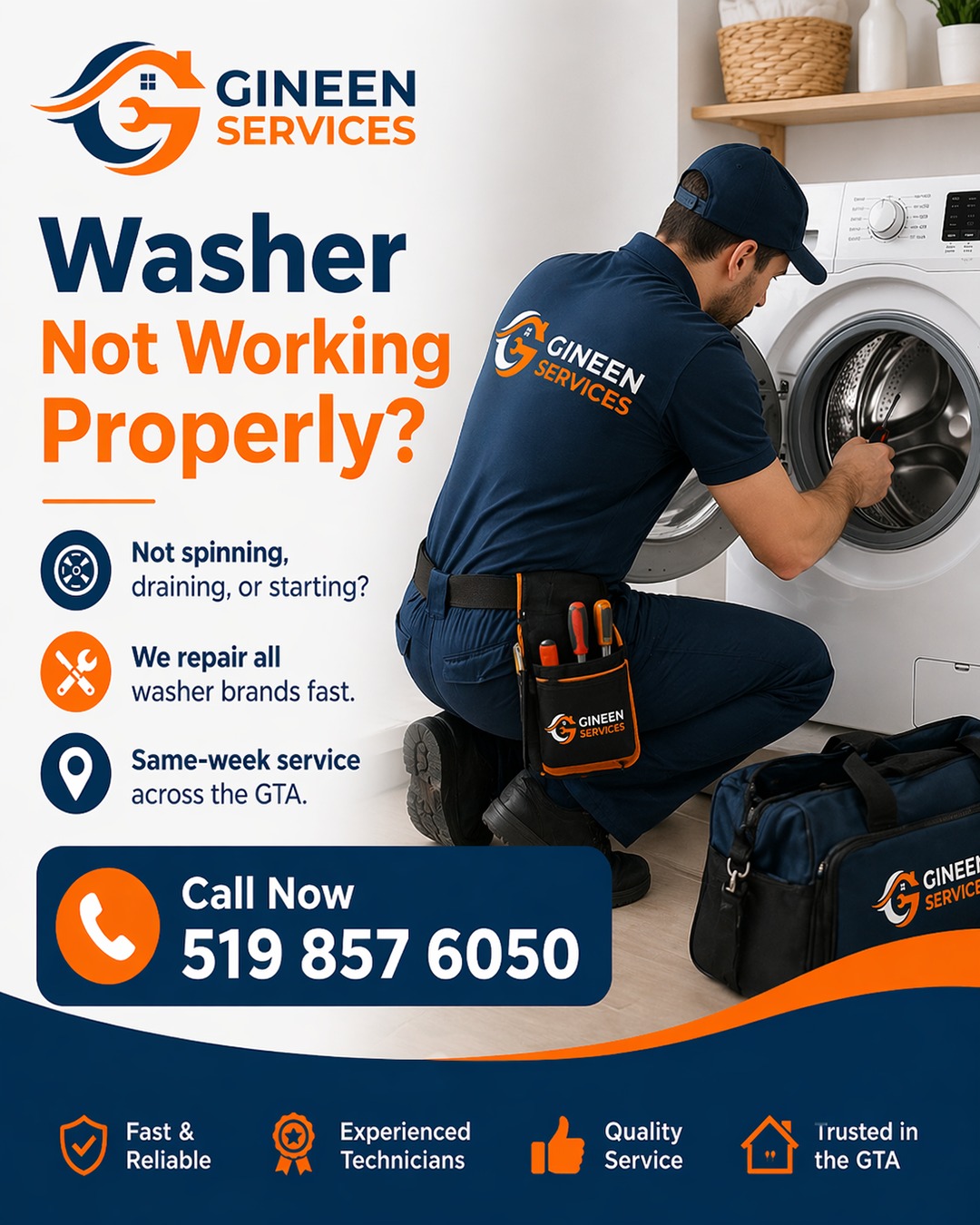 Washer repair flyer showing technician working on a washing machine